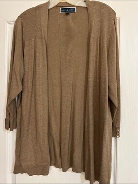 Karen Scott Open-Front Brown-Tan Ribbed Cardigan